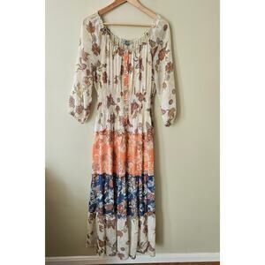 Figueroa & Flower Floral Maxi Dress Sz Large Sheer Peasant Tiered Anthropologie